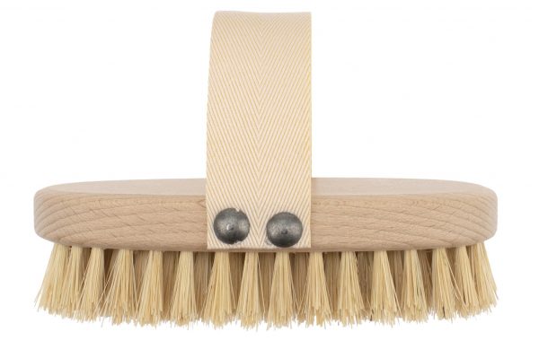 Massagebürste mit harten Naturborsten und ergonomischer Handschlaufe für die Massage.